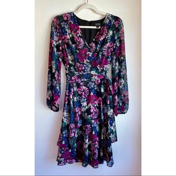 LAST CHANCE! Tahari by ASL Long Sleeve Clip Dot Chiffon Floral Dress Size 2 - Picture 4 of 13
